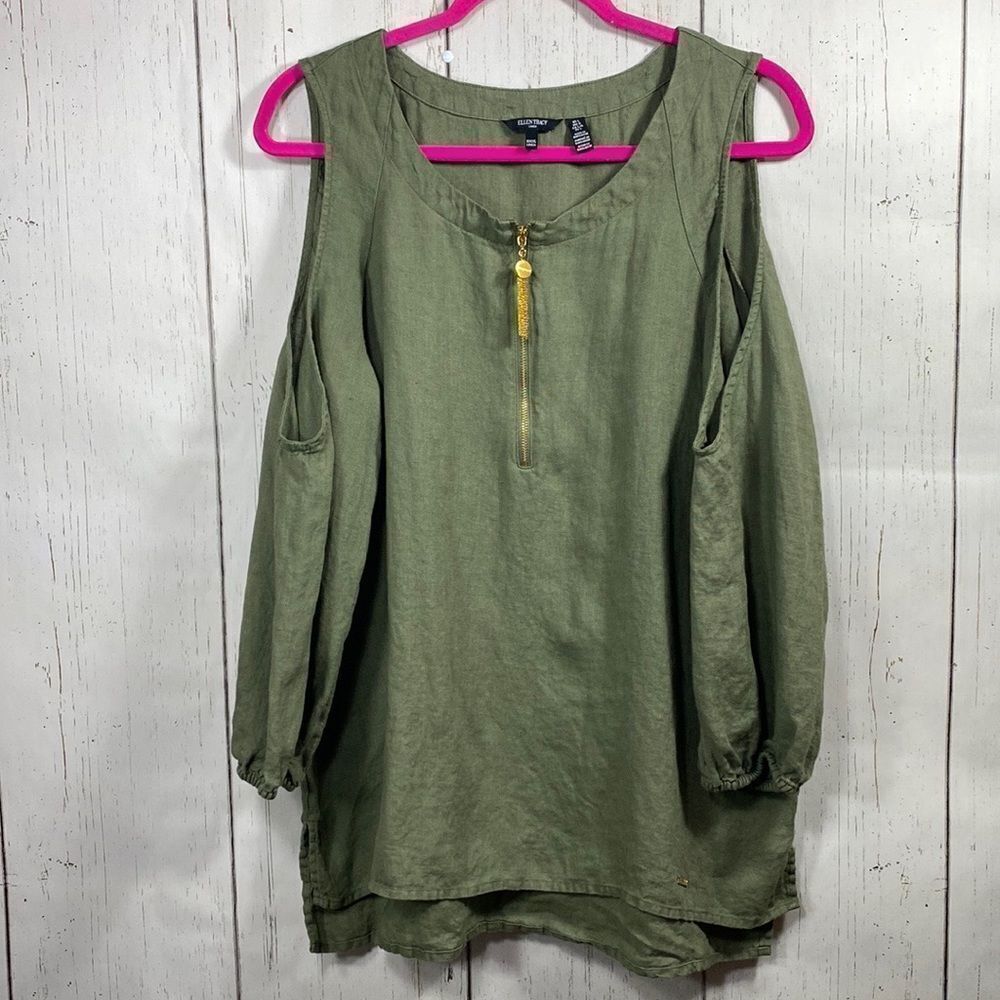 Ellen Tracy Womens 100% Linen Cold Shoulder High Low Green Blouse